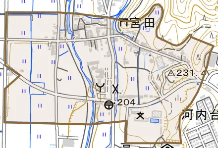 宮田とその周辺の地図。町の範囲を重ねている