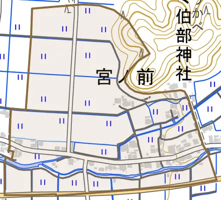 宮ノ前とその周辺の地図。町の範囲を重ねている