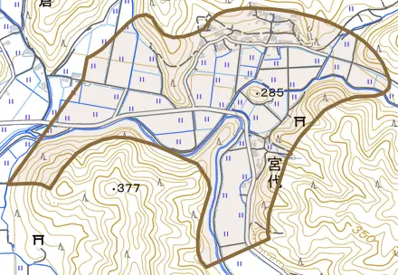 宮代とその周辺の地図。町の範囲を重ねている