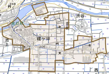 糯ケ坪とその周辺の地図。町の範囲を重ねている