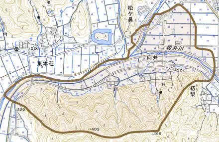 向井とその周辺の地図。町の範囲を重ねている