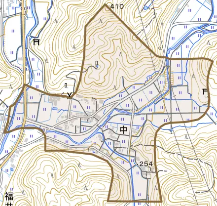 中とその周辺の地図。町の範囲を重ねている