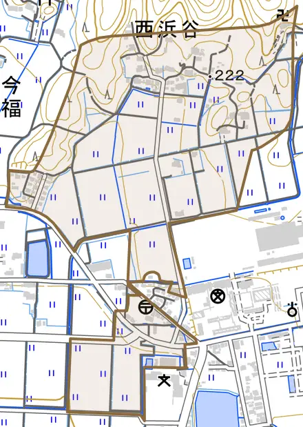 西浜谷とその周辺の地図。町の範囲を重ねている