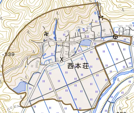 西本荘とその周辺の地図。町の範囲を重ねている