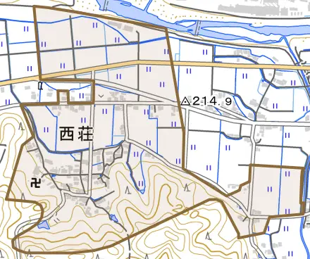 西荘とその周辺の地図。町の範囲を重ねている