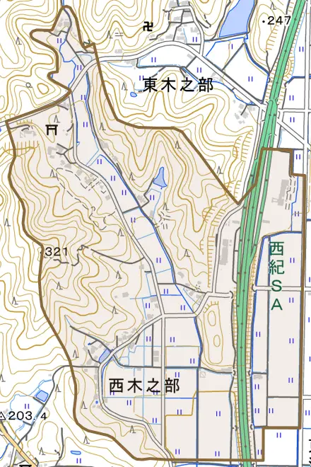 西木之部とその周辺の地図。町の範囲を重ねている