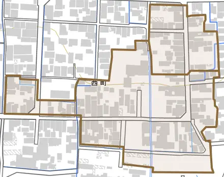 西町とその周辺の地図。町の範囲を重ねている