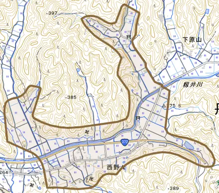 西野々とその周辺の地図。町の範囲を重ねている