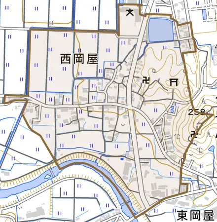 西岡屋とその周辺の地図。町の範囲を重ねている