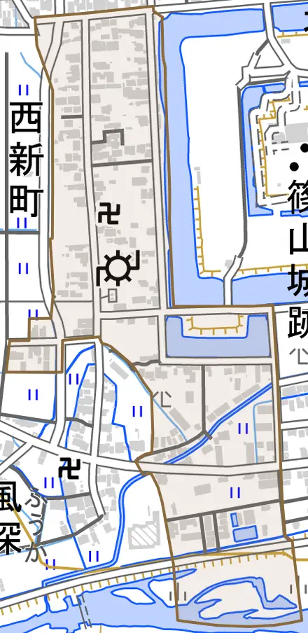 西新町とその周辺の地図。町の範囲を重ねている