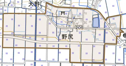 野尻とその周辺の地図。町の範囲を重ねている