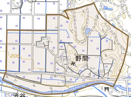 野間とその周辺の地図。町の範囲を重ねている
