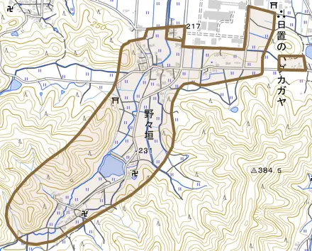 野々垣とその周辺の地図。町の範囲を重ねている