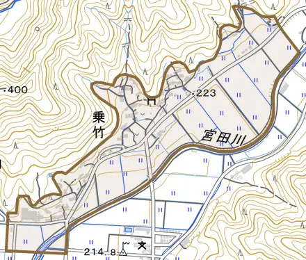 乗竹とその周辺の地図。町の範囲を重ねている