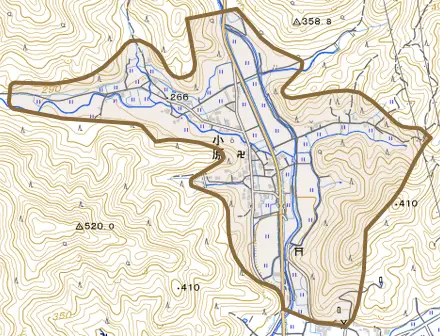 小原とその周辺の地図。町の範囲を重ねている