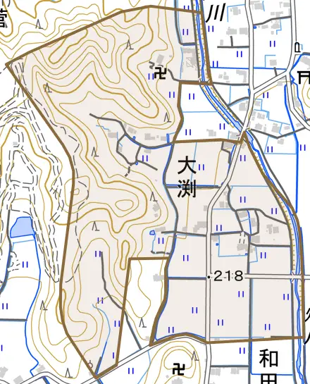 大渕とその周辺の地図。町の範囲を重ねている