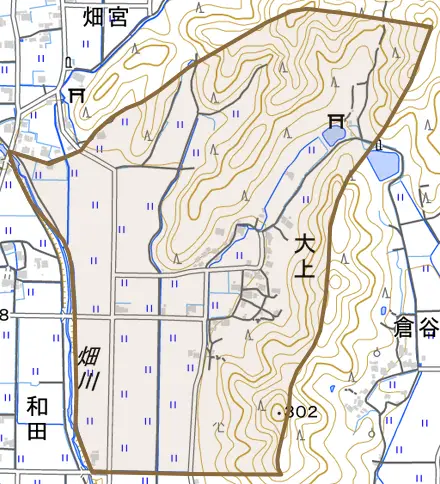 大上とその周辺の地図。町の範囲を重ねている
