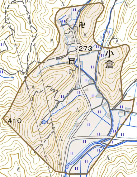 小倉とその周辺の地図。町の範囲を重ねている