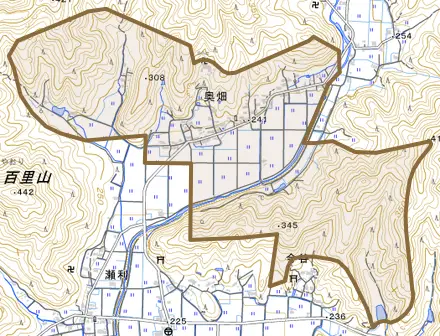 奥畑とその周辺の地図。町の範囲を重ねている