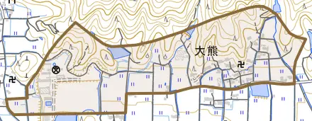 大熊とその周辺の地図。町の範囲を重ねている