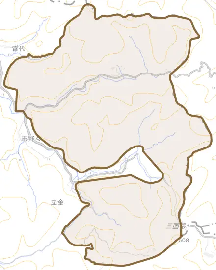 奥山とその周辺の地図。町の範囲を重ねている