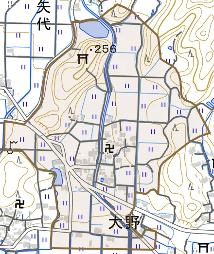 大野とその周辺の地図。町の範囲を重ねている