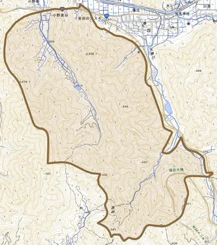 小野奥谷とその周辺の地図。町の範囲を重ねている