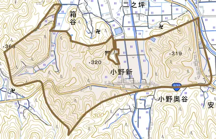 小野新とその周辺の地図。町の範囲を重ねている