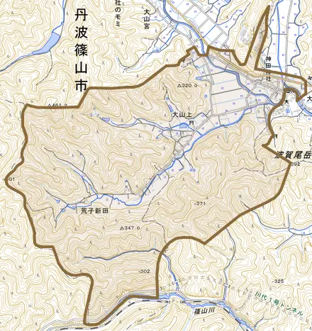 大山上とその周辺の地図。町の範囲を重ねている