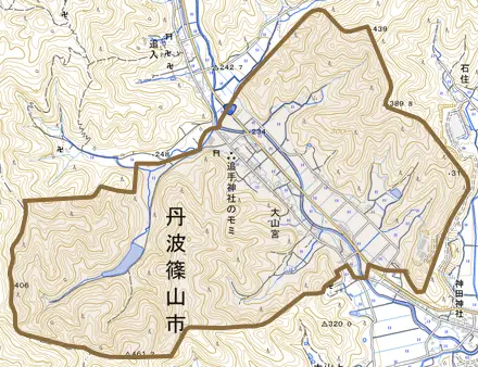大山宮とその周辺の地図。町の範囲を重ねている
