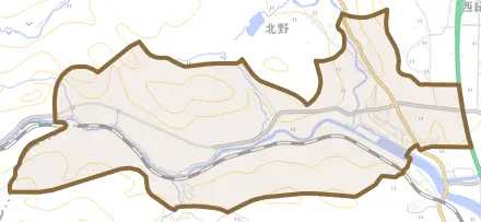 大山下とその周辺の地図。町の範囲を重ねている