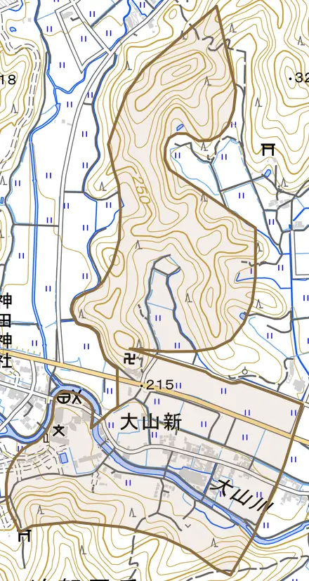 大山新とその周辺の地図。町の範囲を重ねている