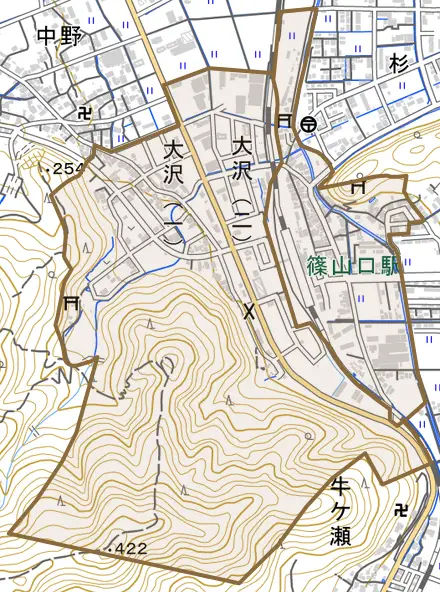 大沢とその周辺の地図。町の範囲を重ねている