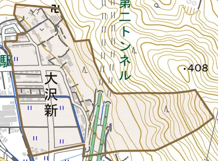 大沢新とその周辺の地図。町の範囲を重ねている