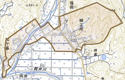 細工所とその周辺の地図。町の範囲を重ねている
