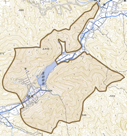 坂本とその周辺の地図。町の範囲を重ねている