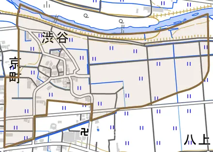 渋谷とその周辺の地図。町の範囲を重ねている