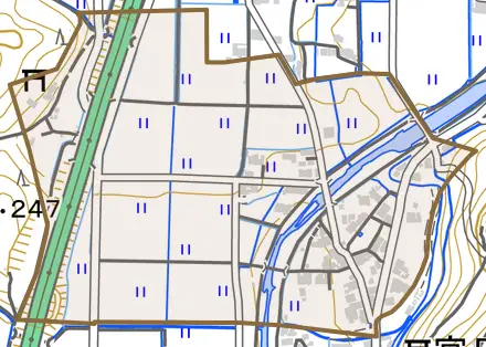 下板井とその周辺の地図。町の範囲を重ねている