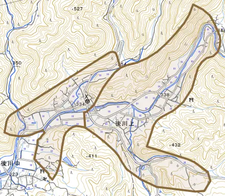 後川上とその周辺の地図。町の範囲を重ねている