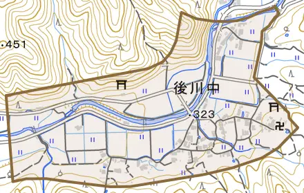 後川中とその周辺の地図。町の範囲を重ねている