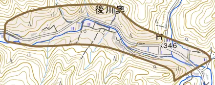後川奥とその周辺の地図。町の範囲を重ねている