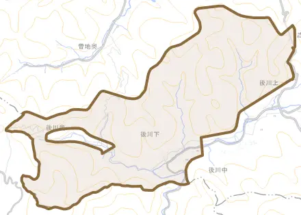 後川下とその周辺の地図。町の範囲を重ねている