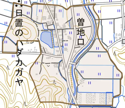 曽地口とその周辺の地図。町の範囲を重ねている