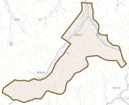 曽地中とその周辺の地図。町の範囲を重ねている