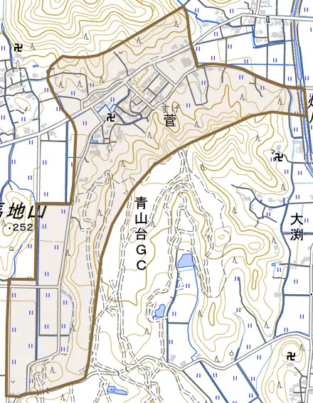 菅とその周辺の地図。町の範囲を重ねている