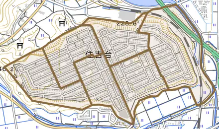 住吉台とその周辺の地図。町の範囲を重ねている