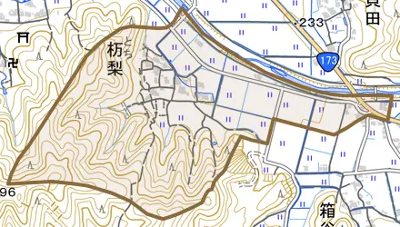 栃梨とその周辺の地図。町の範囲を重ねている