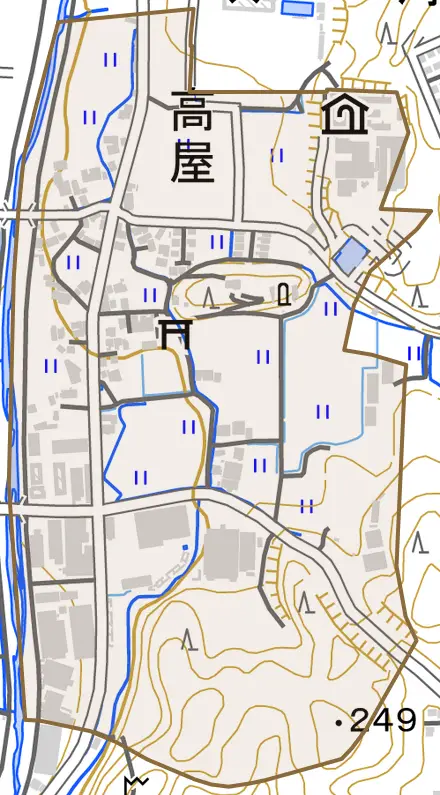 高屋とその周辺の地図。町の範囲を重ねている