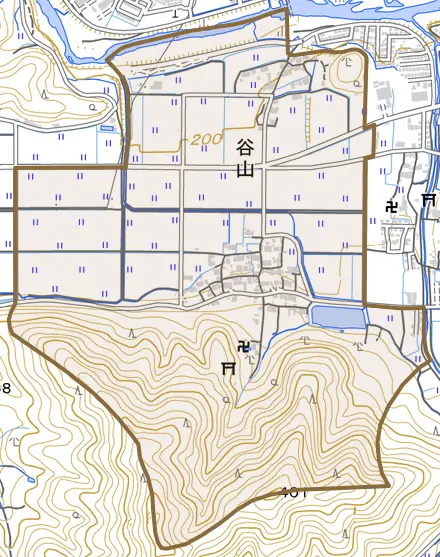 谷山とその周辺の地図。町の範囲を重ねている
