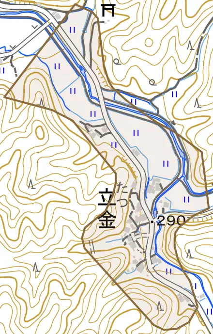 立金とその周辺の地図。町の範囲を重ねている